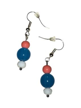 Colorful Three-Bead Drop Earrings in Teal, Coral & White